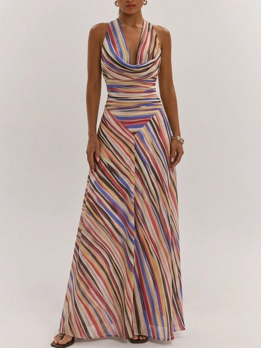 multicolor Elegant Women's Draped Neck Asym Hem A-Line Striped Dress